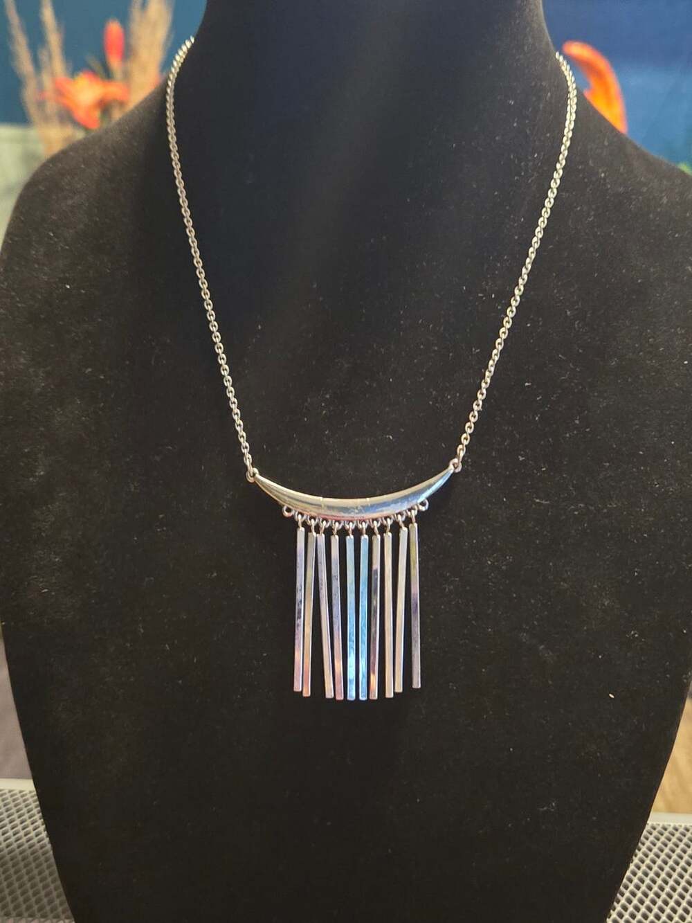 Chaps Silver-Tone Curved Horizontal Bar Tassels Dangle Rods Necklace 18"